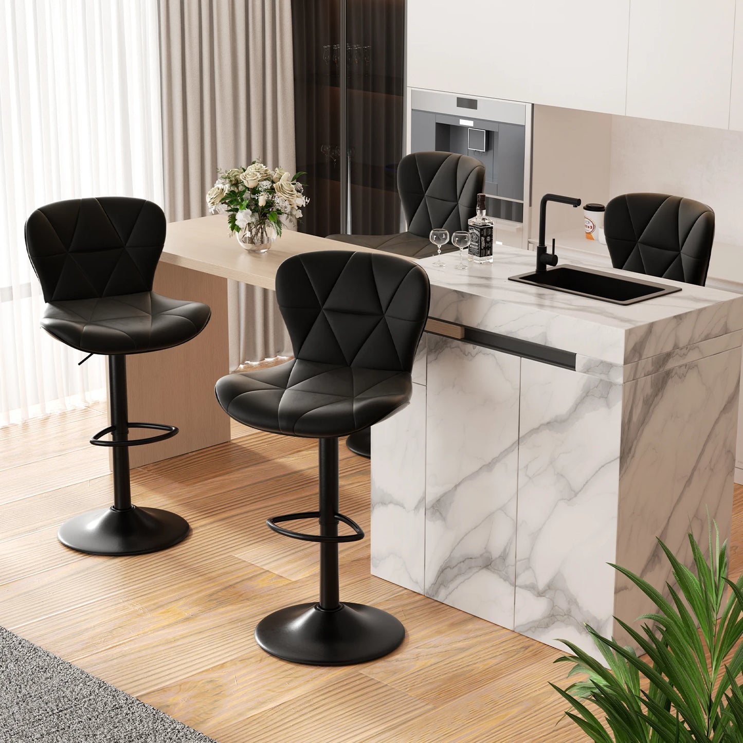 Rotation Adjustable Height, Faux Leather Upholstered with Backrest