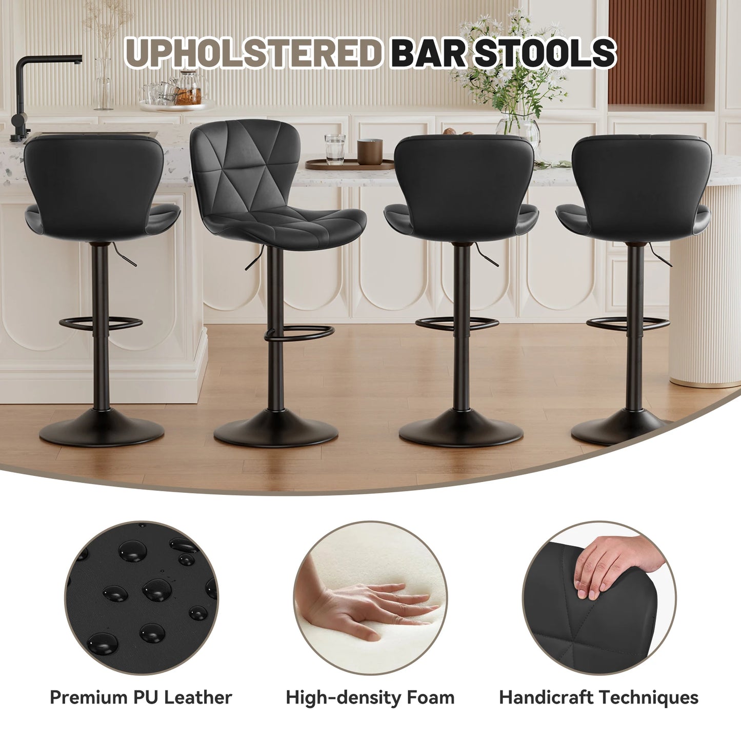 Rotation Adjustable Height, Faux Leather Upholstered with Backrest