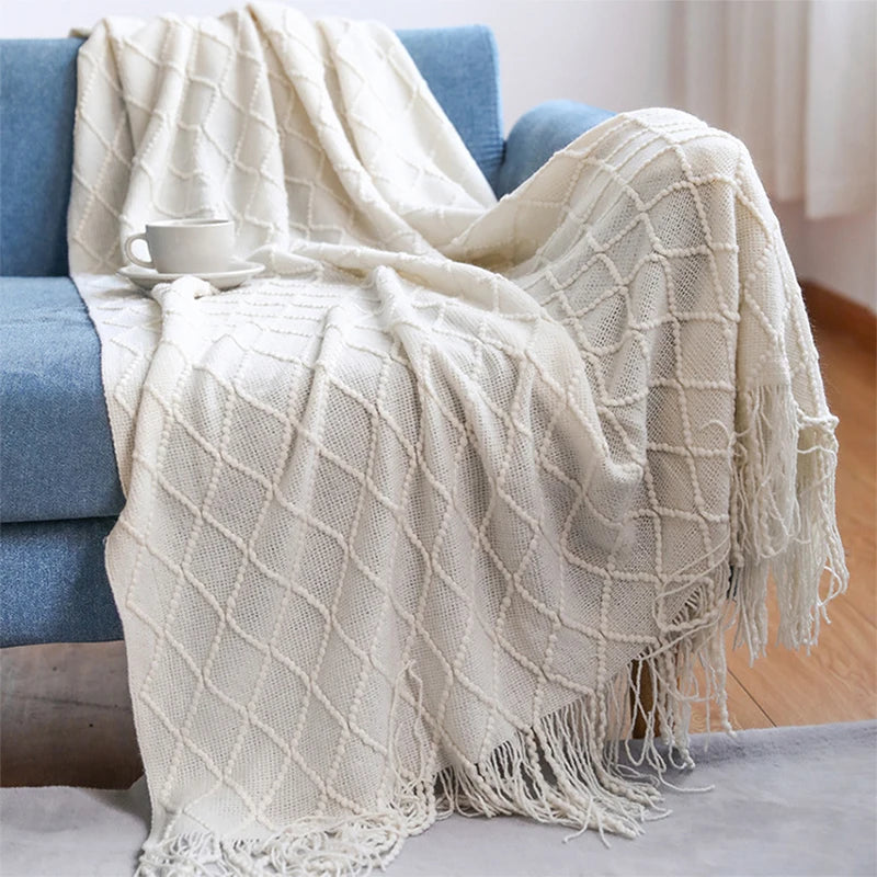 Nordic Tassel Knitted Blanket Solid Fringe Blanket For Bed