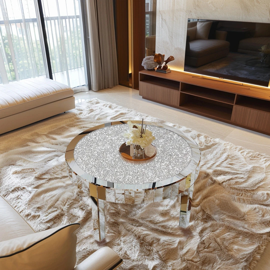 Luxury Round Silver Mirror Coffee Table Crystal Diamonds Inlay Accent Table
