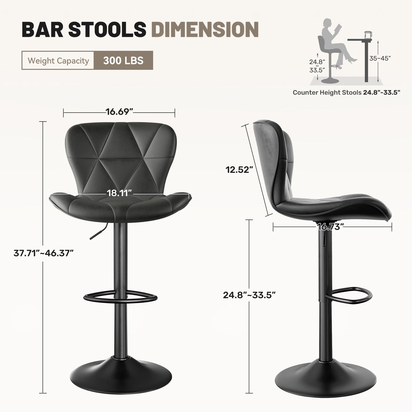 Rotation Adjustable Height, Faux Leather Upholstered with Backrest