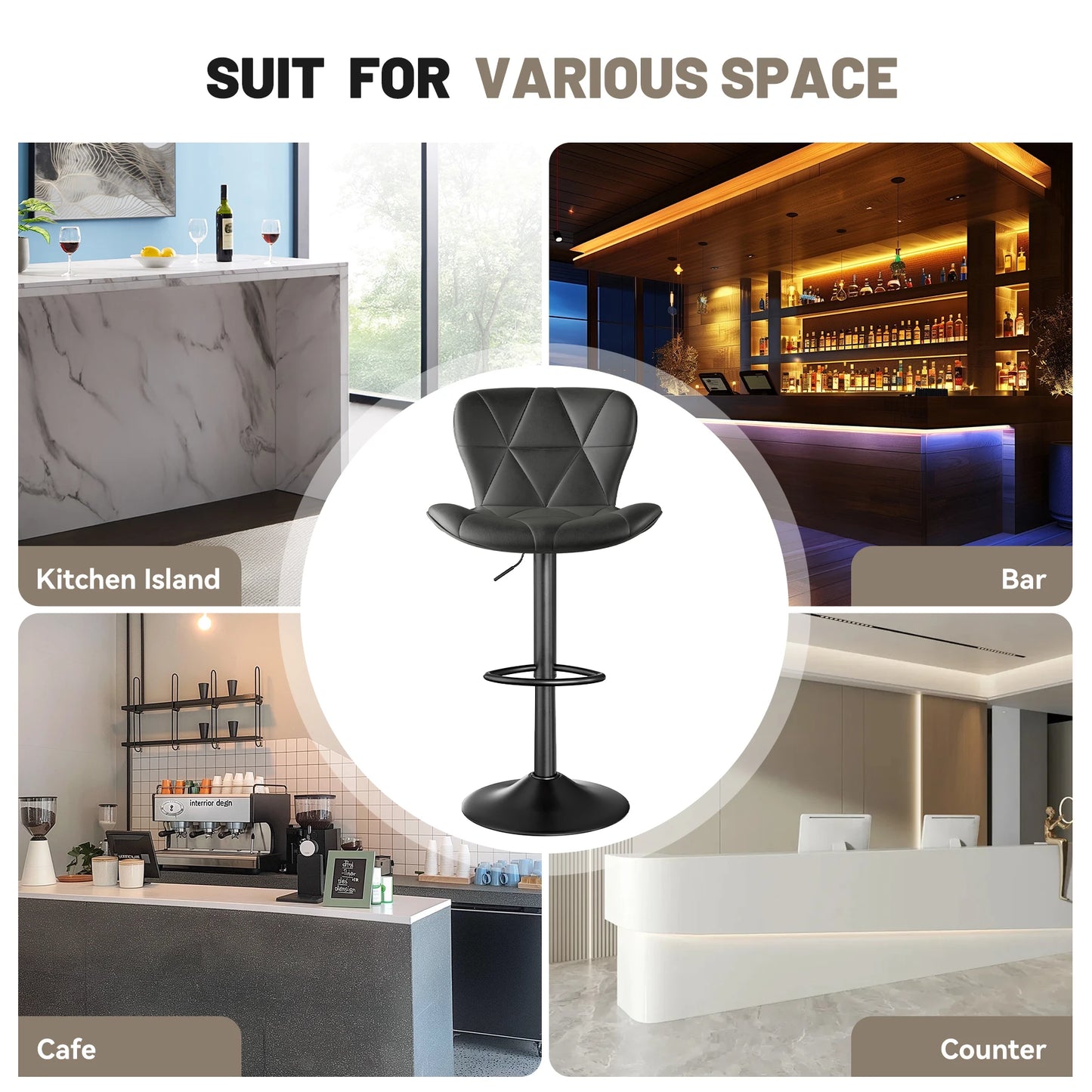 Rotation Adjustable Height, Faux Leather Upholstered with Backrest