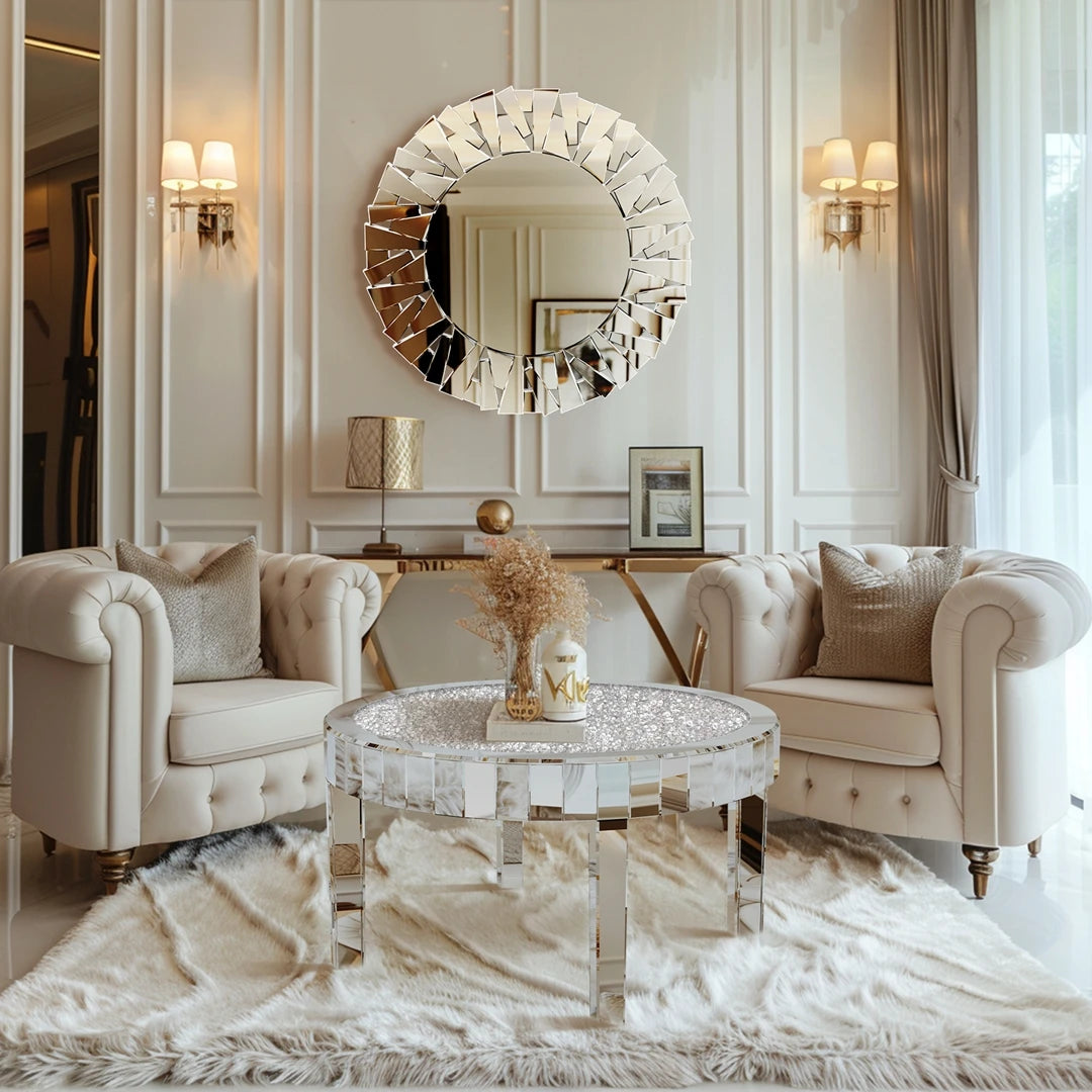 Luxury Round Silver Mirror Coffee Table Crystal Diamonds Inlay Accent Table