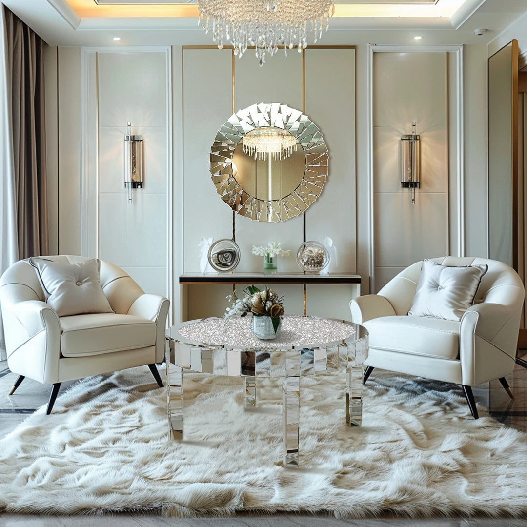 Luxury Round Silver Mirror Coffee Table Crystal Diamonds Inlay Accent Table