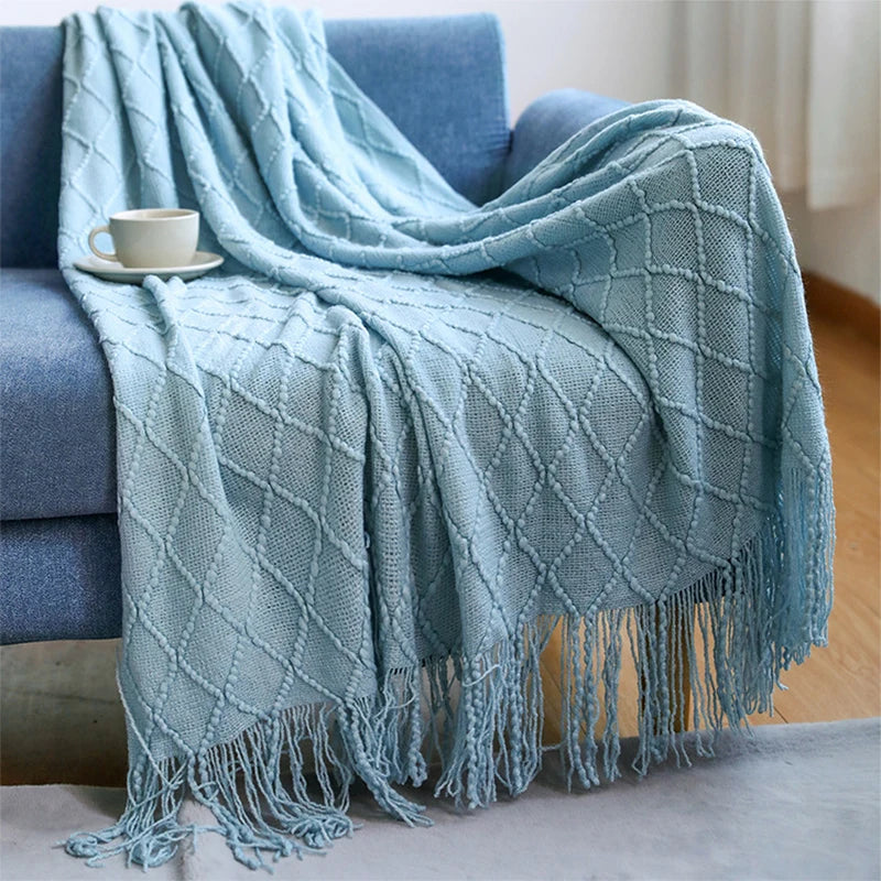 Nordic Tassel Knitted Blanket Solid Fringe Blanket For Bed