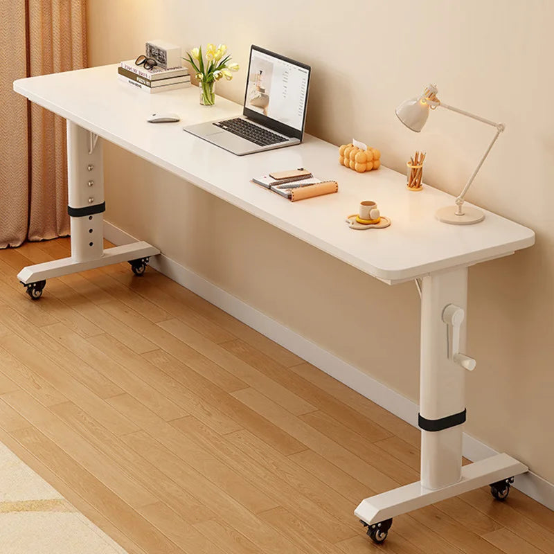 Adjustable Overbed Laptop Desk with Wheels | Bedroom Furniture Rolling Computer Table | Hand Crank Solid Wood Desk