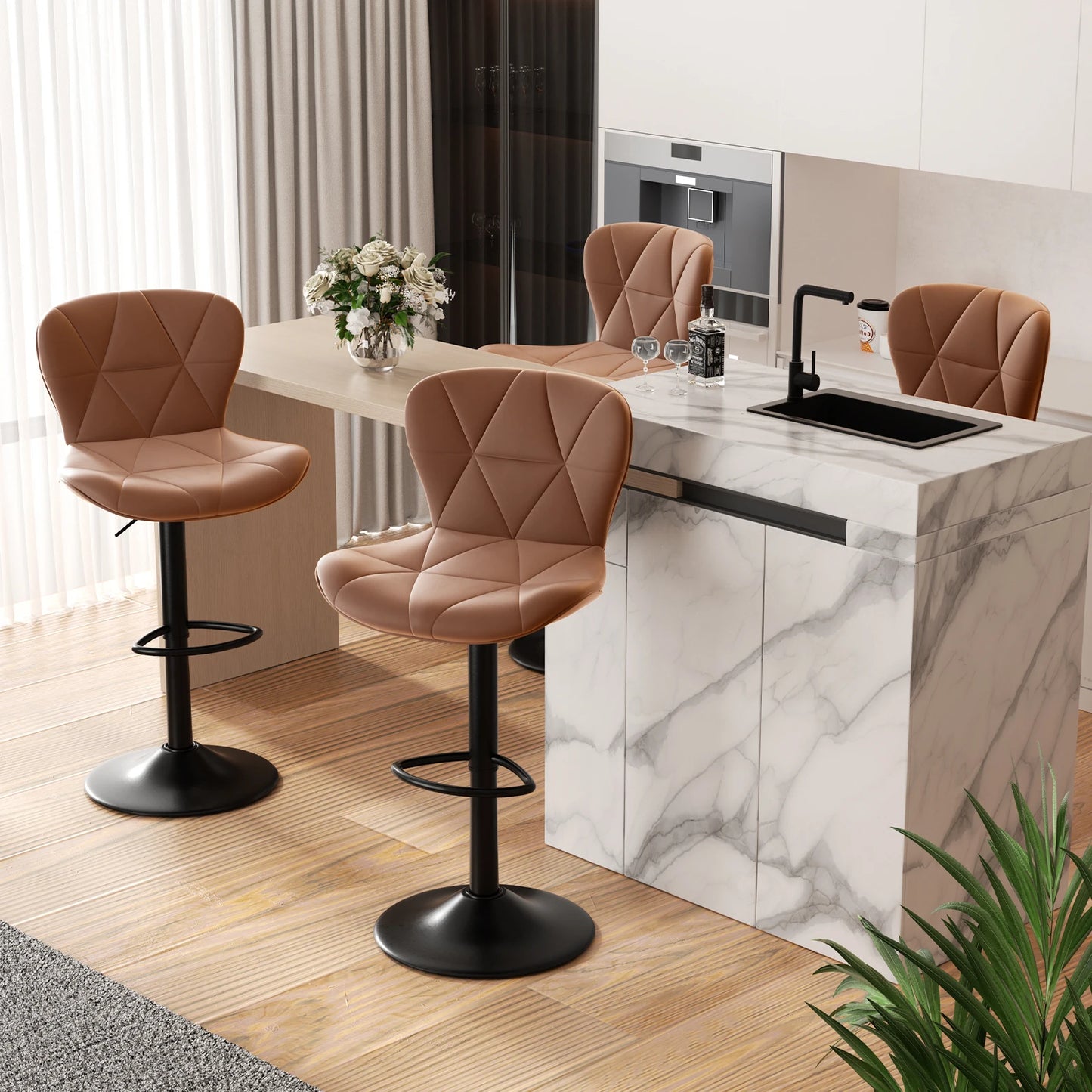 Rotation Adjustable Height, Faux Leather Upholstered with Backrest