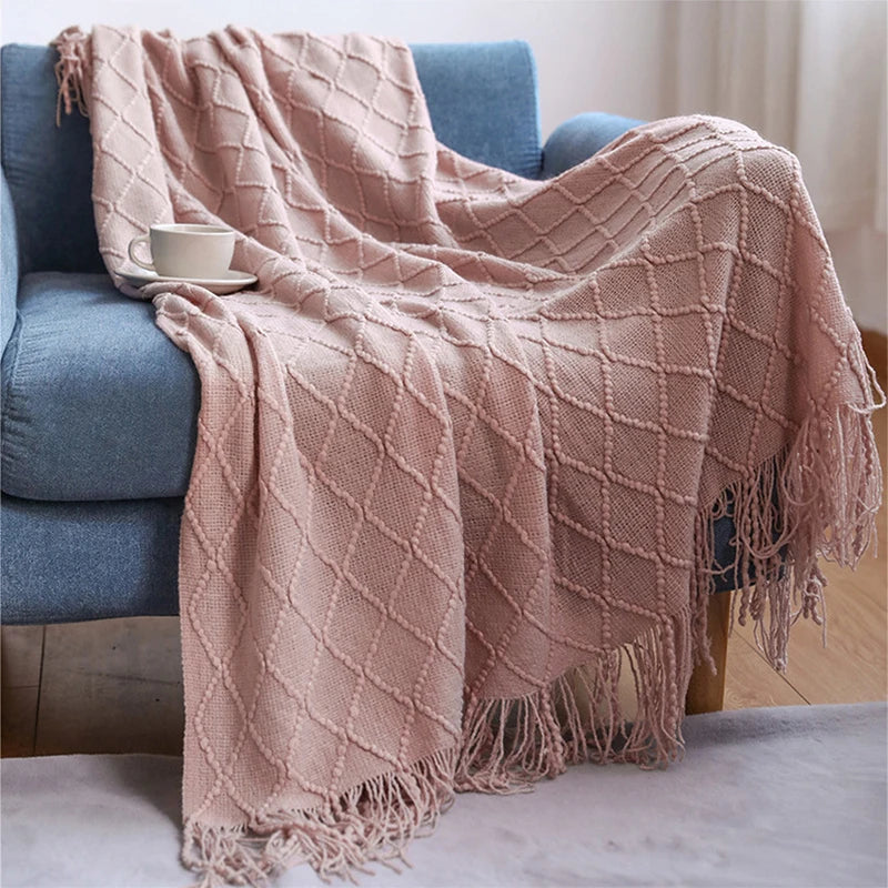 Nordic Tassel Knitted Blanket Solid Fringe Blanket For Bed