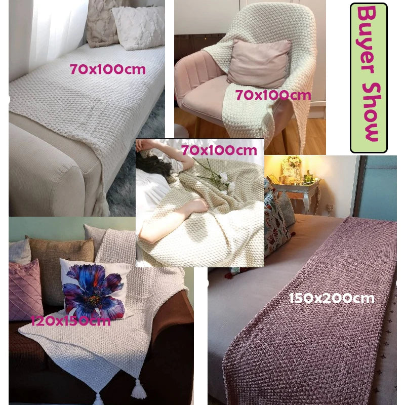 Nordic Tassel Knitted Blanket Solid Fringe Blanket For Bed
