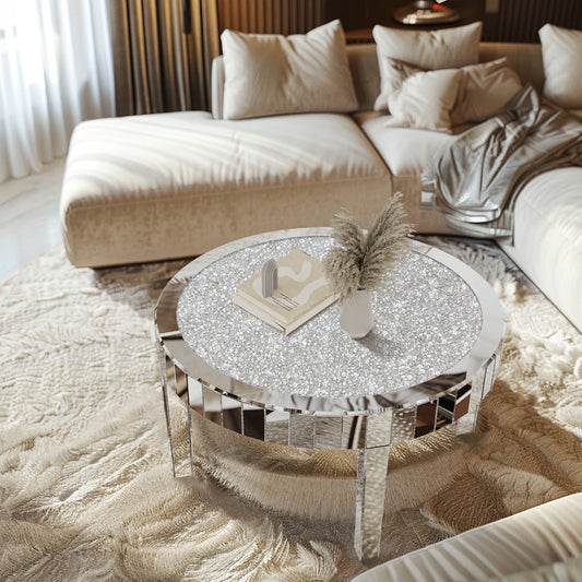 Luxury Round Silver Mirror Coffee Table Crystal Diamonds Inlay Accent Table