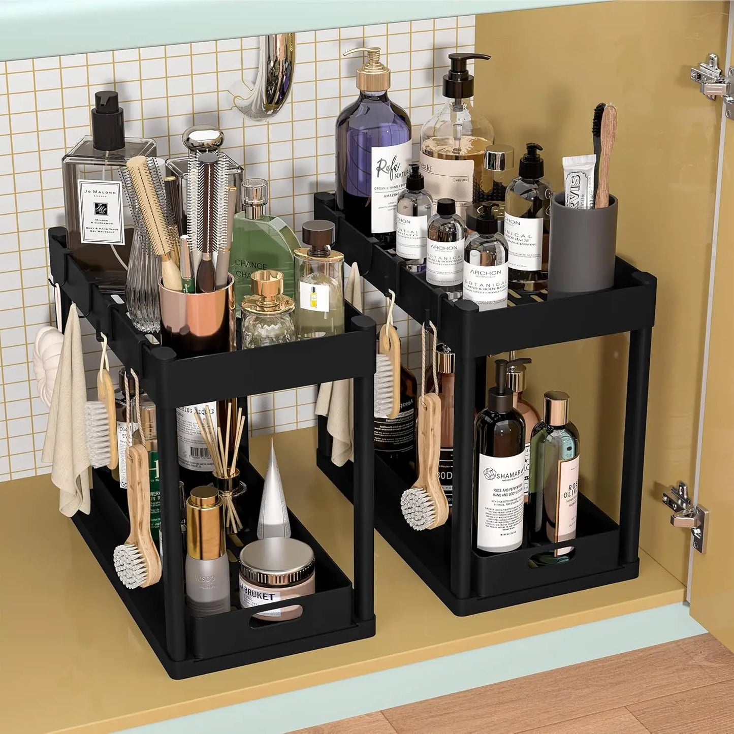 kitchen cabinet shelving unit, multi-purpose bathroom storage basket