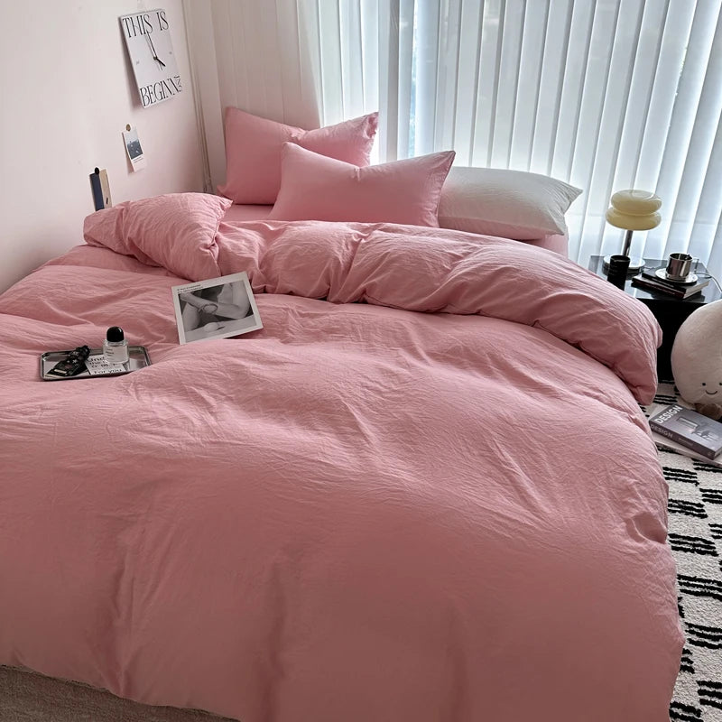 Solid Bed Linen Cotton Bedding Set with Sheet Duvet Cover Pillowcase