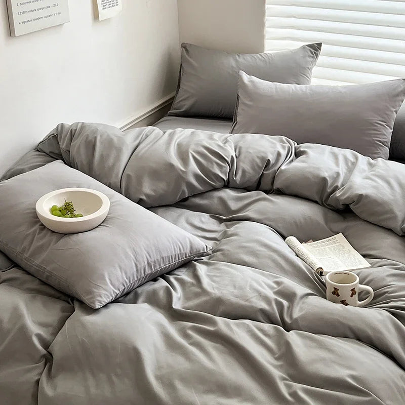Solid Bed Linen Cotton Bedding Set with Sheet Duvet Cover Pillowcase