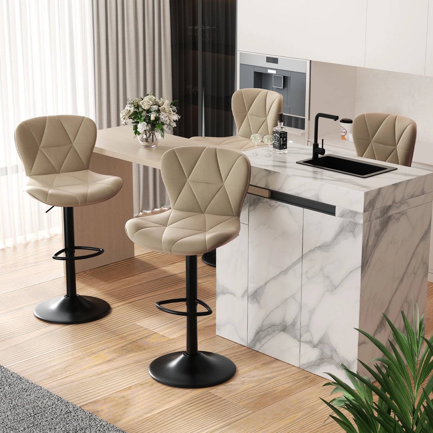 Rotation Adjustable Height, Faux Leather Upholstered with Backrest