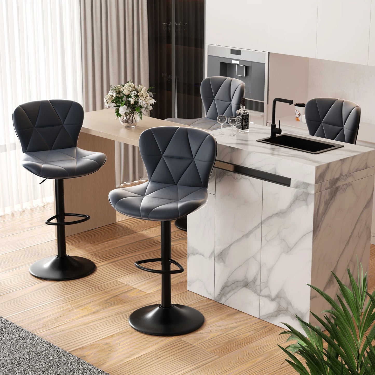 Rotation Adjustable Height, Faux Leather Upholstered with Backrest