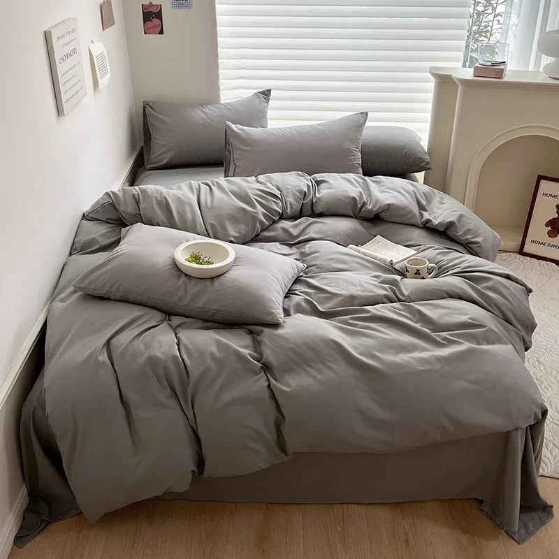 Solid Bed Linen Cotton Bedding Set with Sheet Duvet Cover Pillowcase