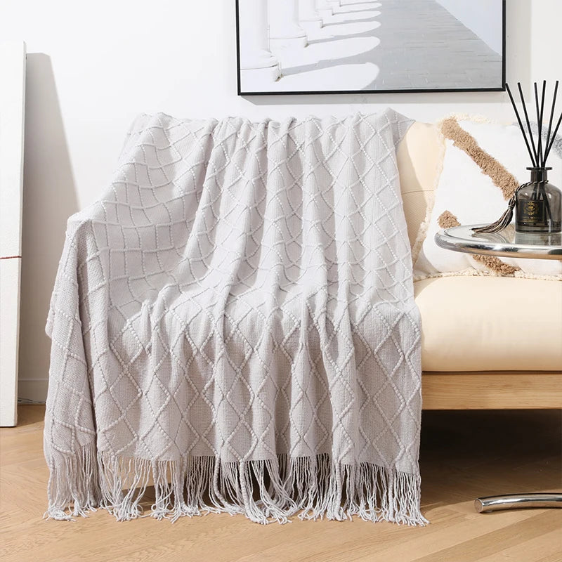 Nordic Tassel Knitted Blanket Solid Fringe Blanket For Bed