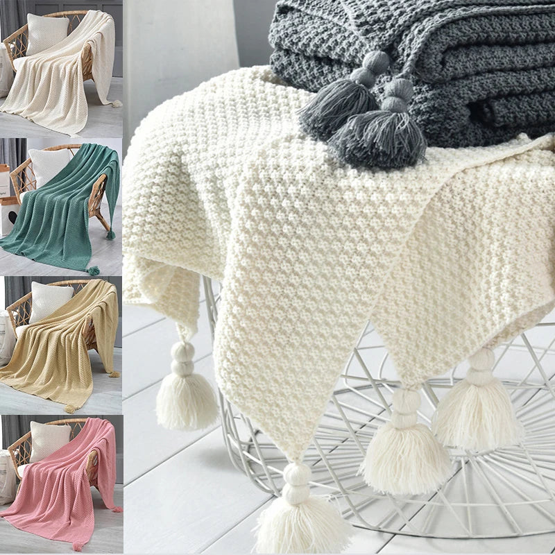 Nordic Tassel Knitted Blanket Solid Fringe Blanket For Bed