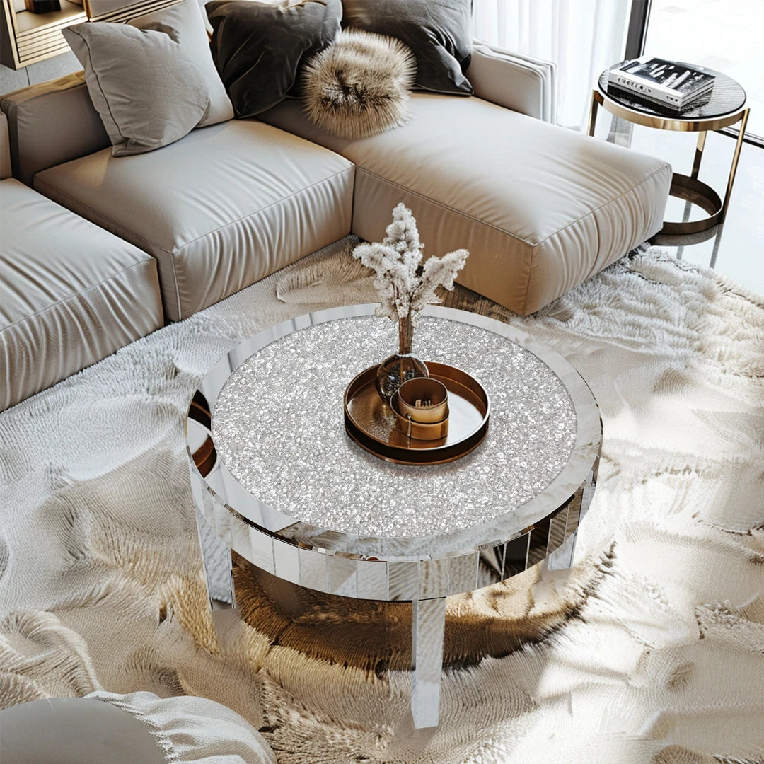 Luxury Round Silver Mirror Coffee Table Crystal Diamonds Inlay Accent Table