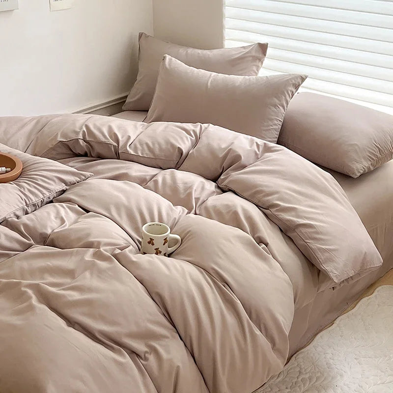 Solid Bed Linen Cotton Bedding Set with Sheet Duvet Cover Pillowcase