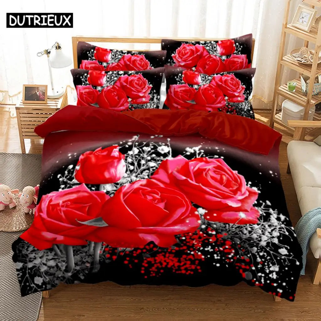 Red Rose Bedding Set Quilt Duvet Cover Comforter Pillow Case