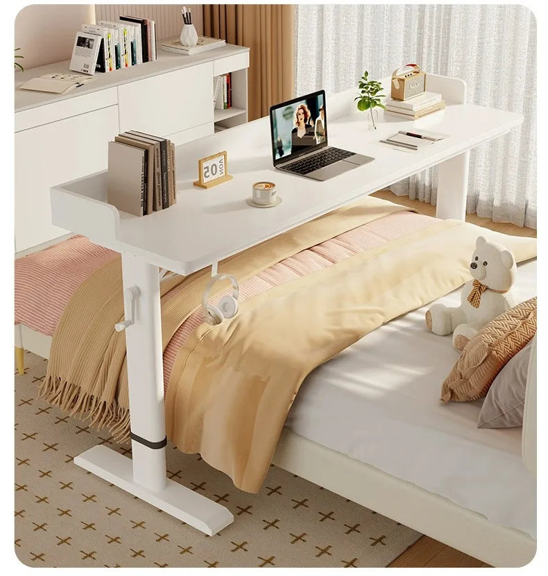 Adjustable Overbed Laptop Desk with Wheels | Bedroom Furniture Rolling Computer Table | Hand Crank Solid Wood Desk