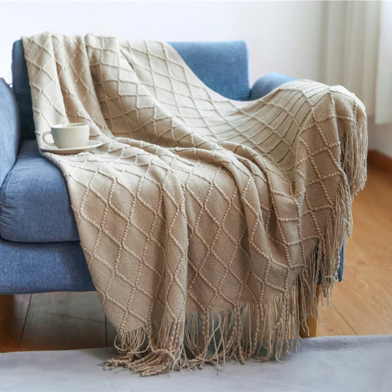 Nordic Tassel Knitted Blanket Solid Fringe Blanket For Bed