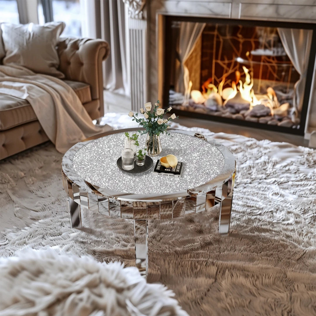Luxury Round Silver Mirror Coffee Table Crystal Diamonds Inlay Accent Table