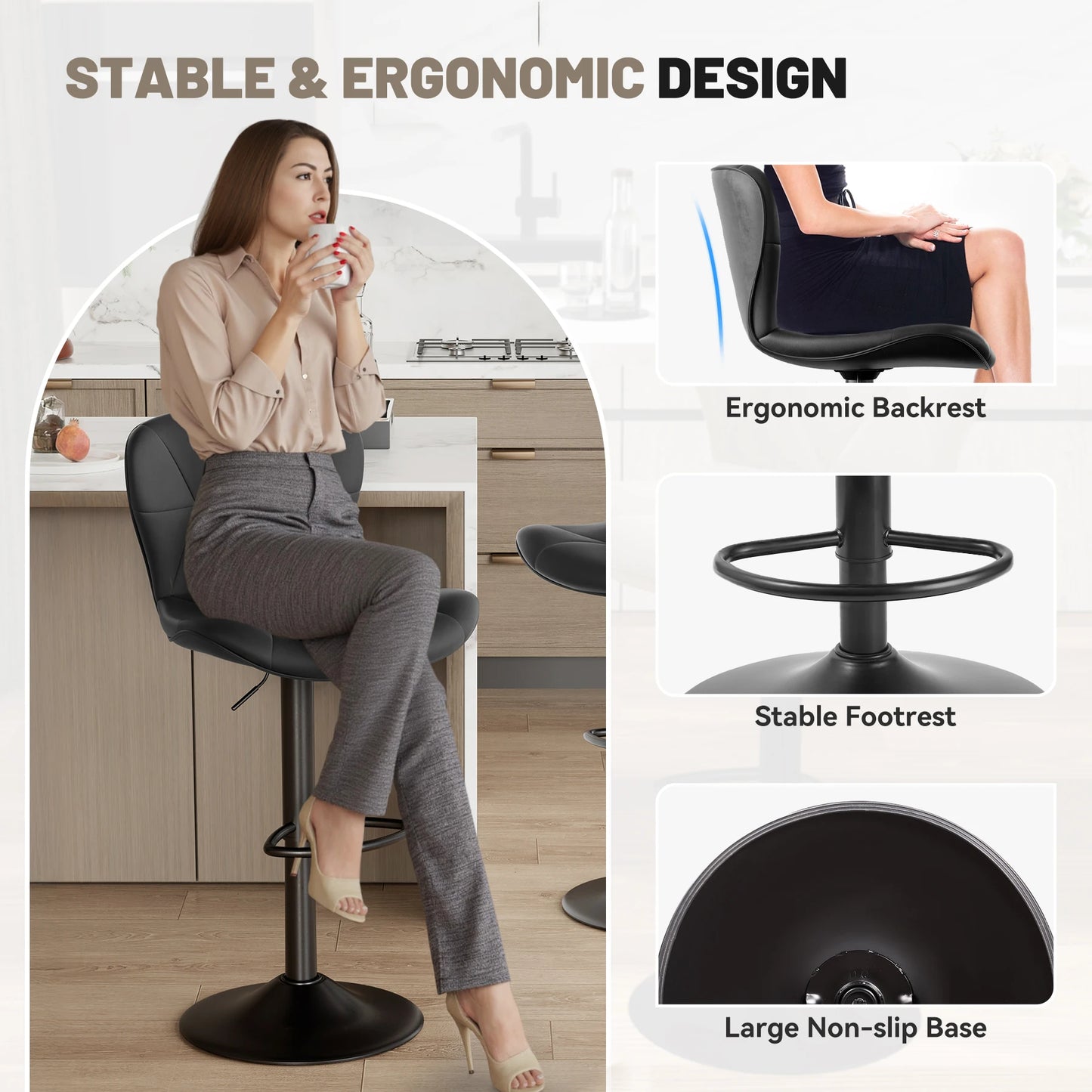 Rotation Adjustable Height, Faux Leather Upholstered with Backrest
