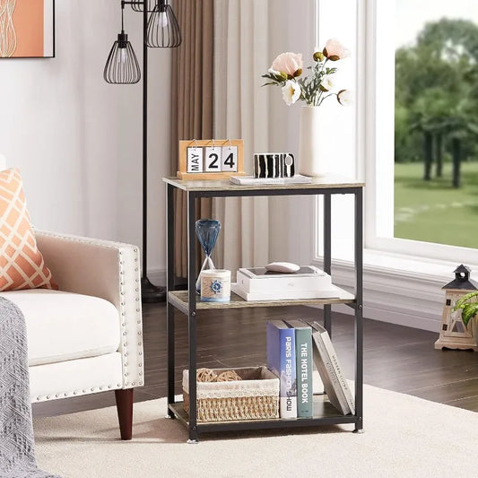 Tall End Side Table Nightstand, 3-Tier Storage Shelf