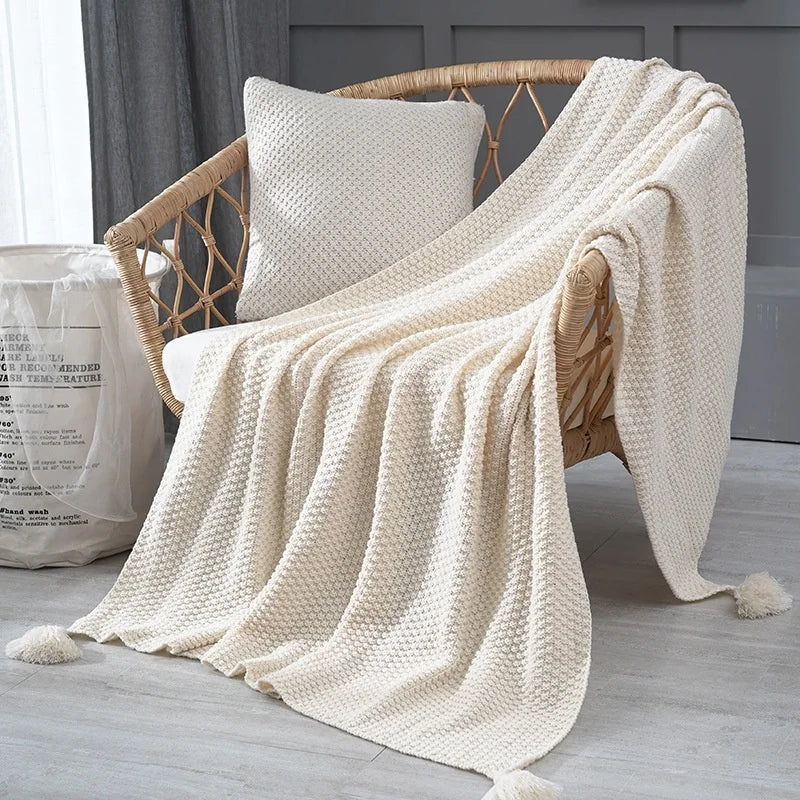 Nordic Tassel Knitted Blanket Solid Fringe Blanket For Bed