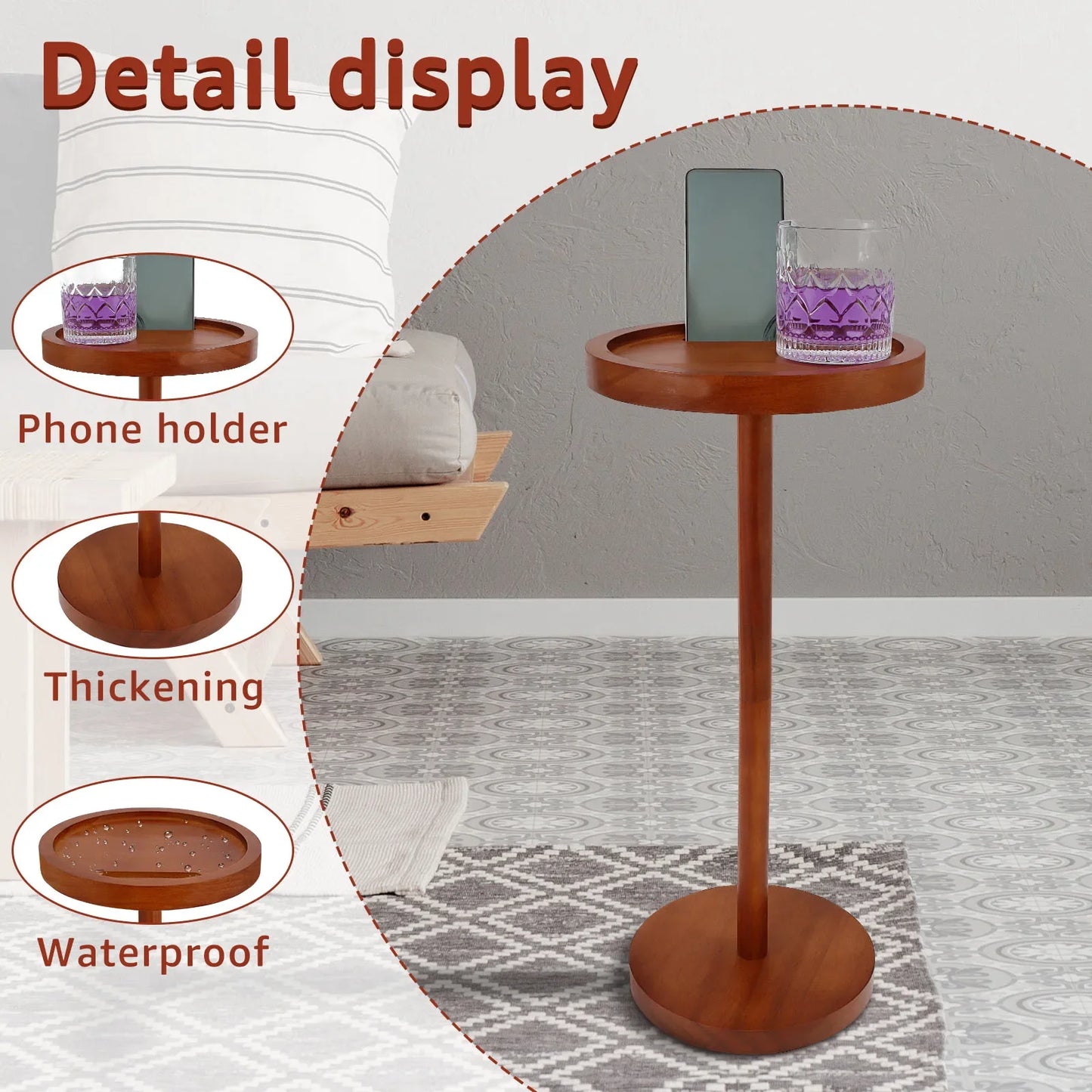 Round Wooden Small Coffee Tables with Phone Holder sofa corner tables