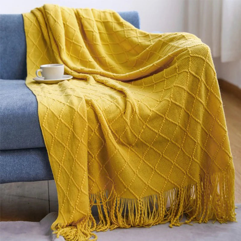 Nordic Tassel Knitted Blanket Solid Fringe Blanket For Bed