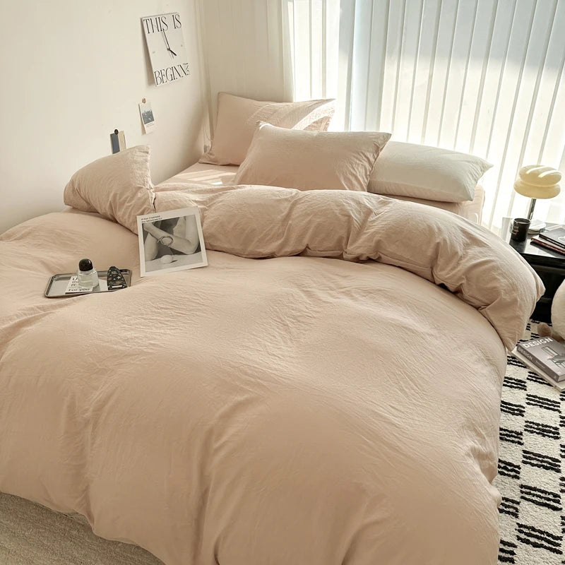 Solid Bed Linen Cotton Bedding Set with Sheet Duvet Cover Pillowcase
