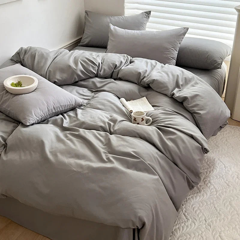 Solid Bed Linen Cotton Bedding Set with Sheet Duvet Cover Pillowcase