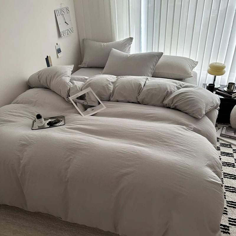 Solid Bed Linen Cotton Bedding Set with Sheet Duvet Cover Pillowcase