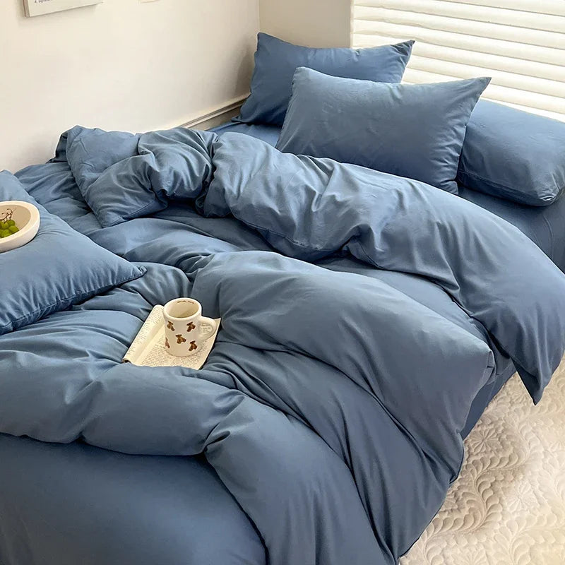 Solid Bed Linen Cotton Bedding Set with Sheet Duvet Cover Pillowcase