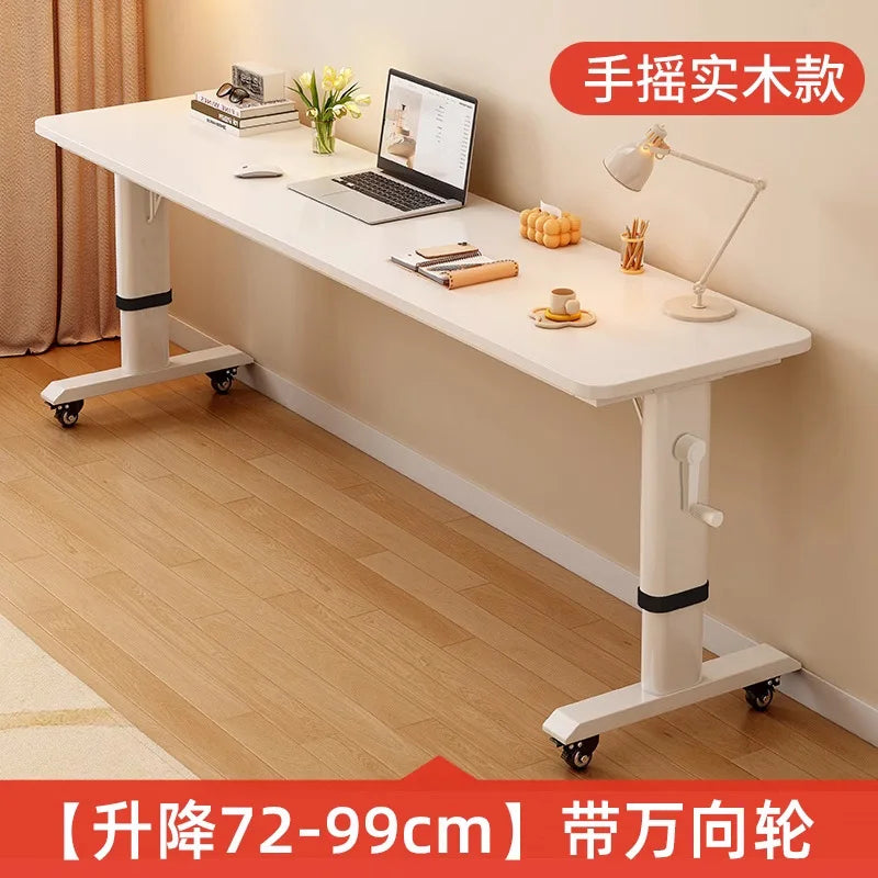 Adjustable Overbed Laptop Desk with Wheels | Bedroom Furniture Rolling Computer Table | Hand Crank Solid Wood Desk